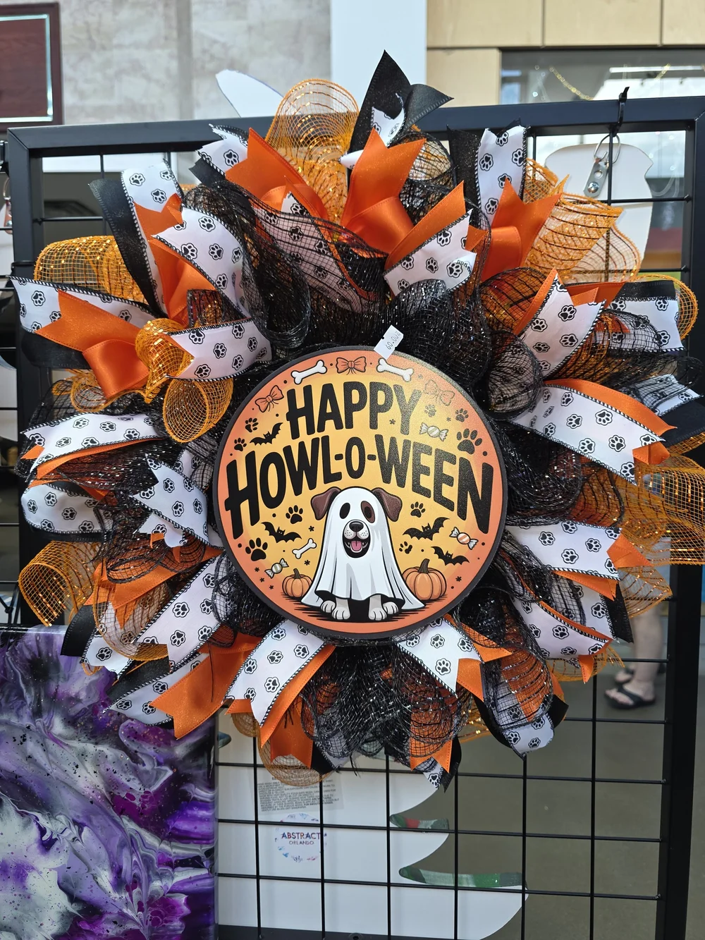 Happy Howl-o-ween Dog Halloween Wreath - Orange, Black, White